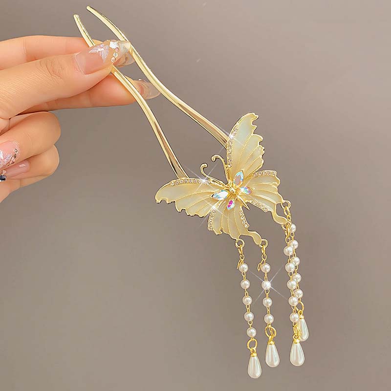 Eleganter Haarkamm im chinesischen Stil mit floralem U-förmigem Design, Quasten-Haarstab, luxuriöses Frisur-Accessoire, Damenschmuck, Haarnadel