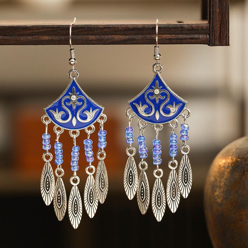 Classical Ethnic Drop Glaze Geometric Earrings for Women Vintage Texture Beaded Dangle Earring Daily Vacation Jewelry