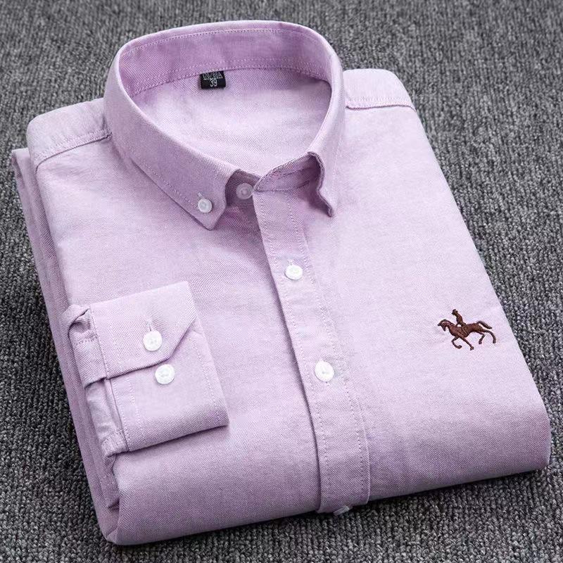 Men's Pure Cotton Embroidered Oxford Shirt - Long Sleeve, Solid Color, Spring/Autumn Business Casual