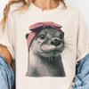 Retro Otter Wearing Coquette Bow Unisex Tshirt, Sea Otter Shirt, Otter Lovers Gift Shirt