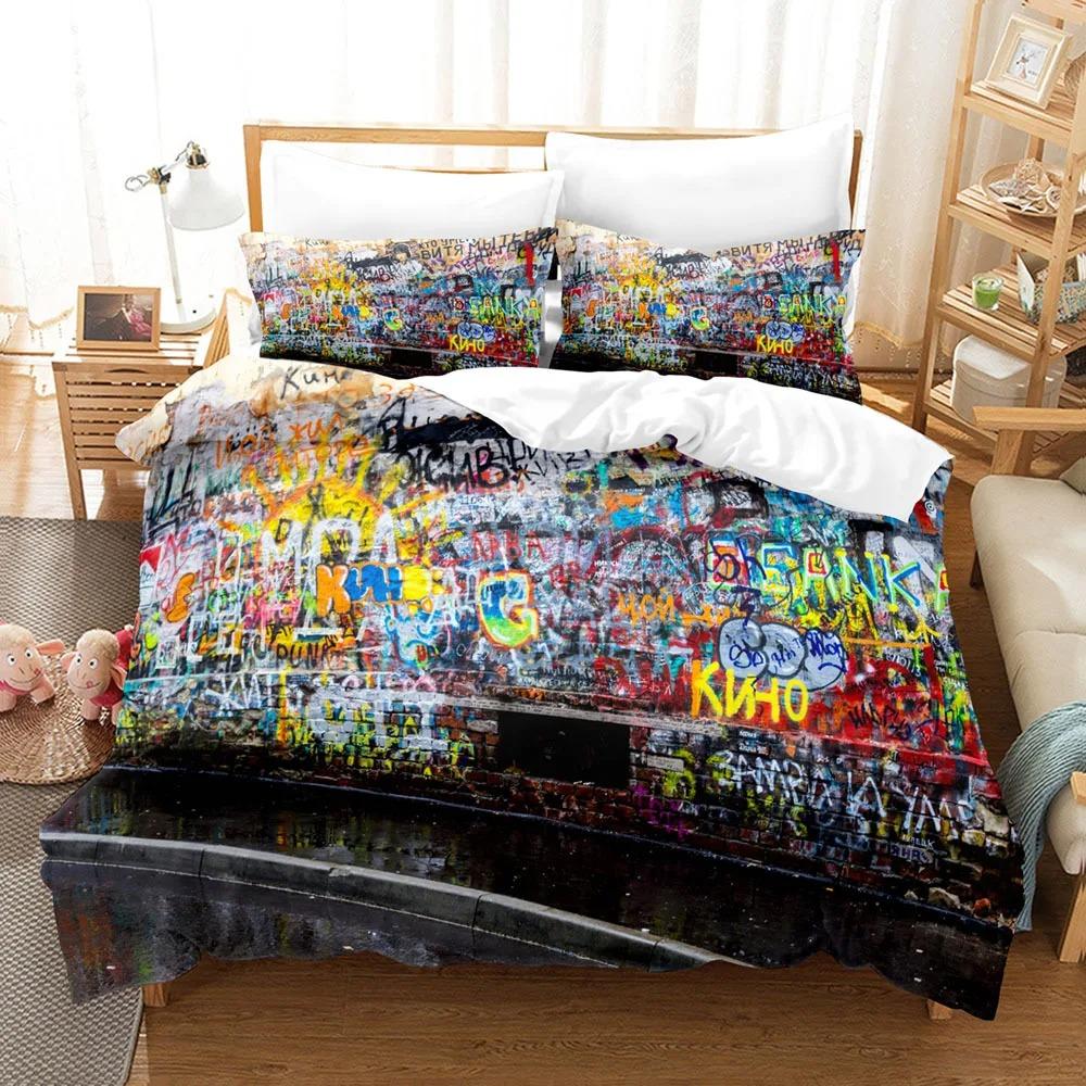 Graffiti Duvet Cover Kid Boys Youth Modern Wall Urban Street Art Painting Polyester Set King Queen Size Bedding Set Pillowcases
