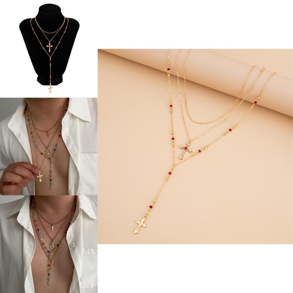 Cross Pendant Necklace For Women With Layered Y Design And Fringes