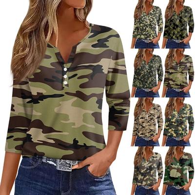Women's T Shirt Tee Print Button  3/4 Sleeve Daily Weekend Fashion Basic V- Neck Regular Top