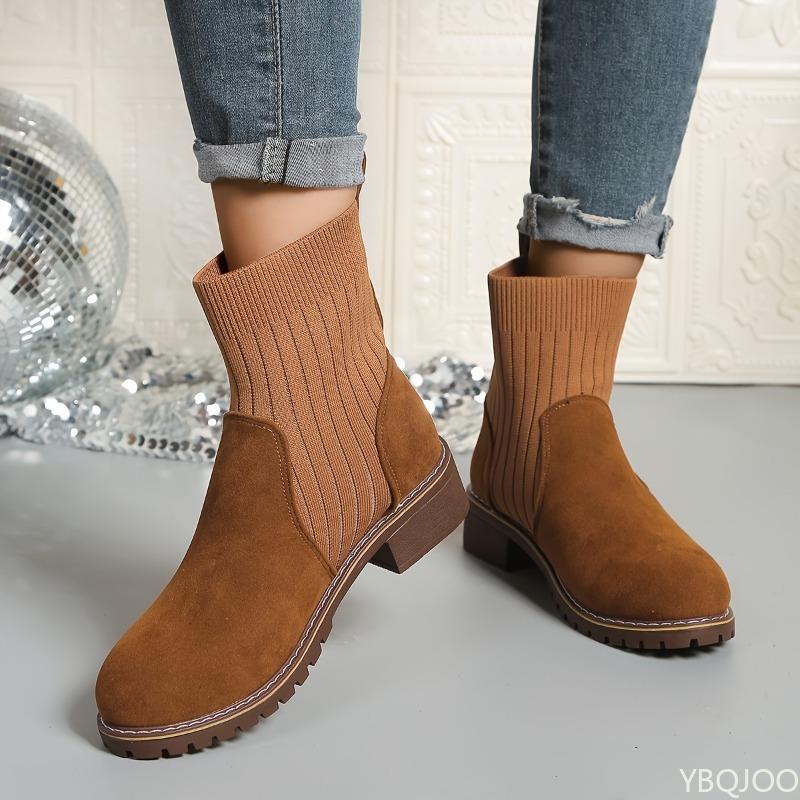 Fashion Women's Autumn Winter New Thick Heel Short Boots Retro Midsole Simple Comfortable Daily Casual Knitted Women's Boots