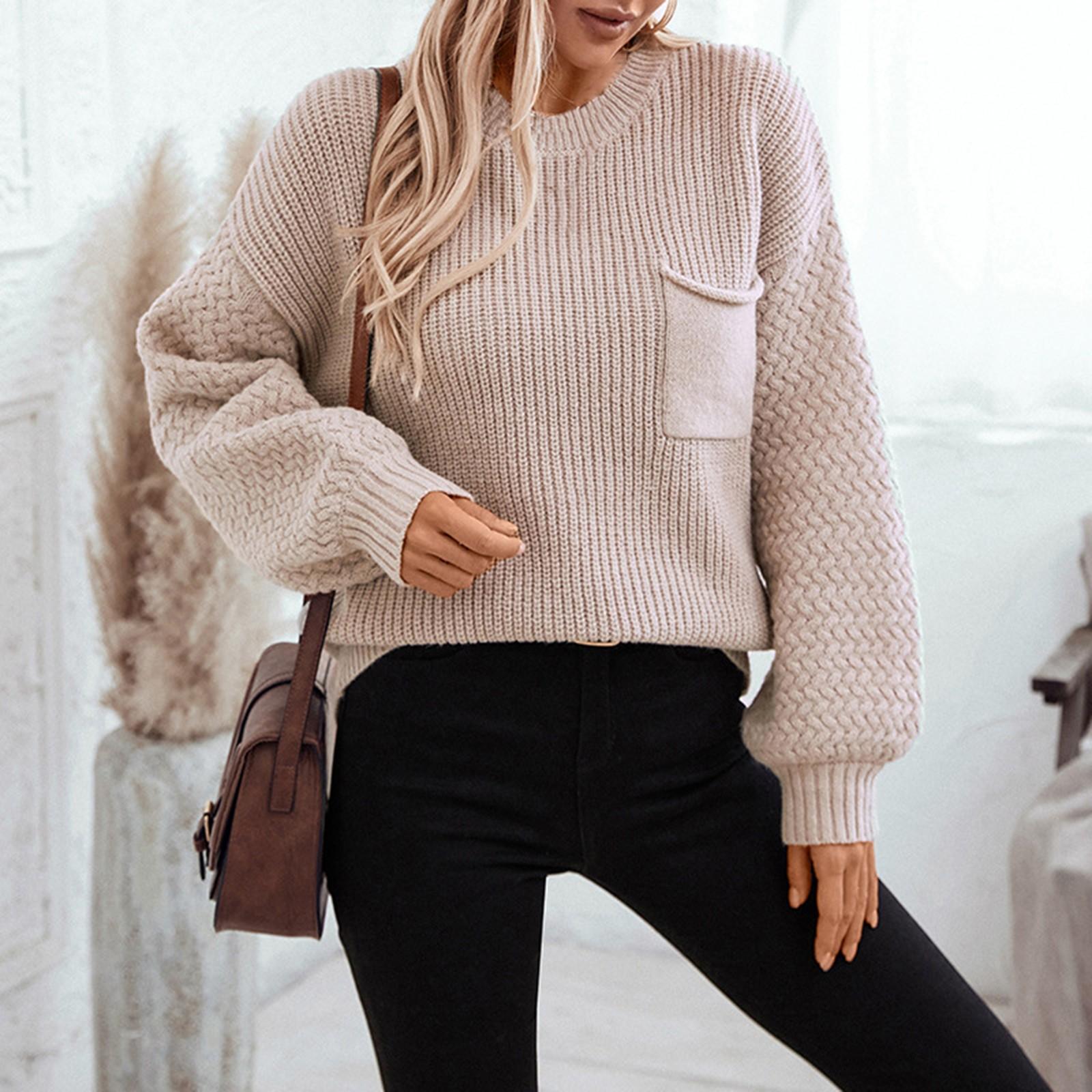 

Осенне-зимний круглый вырез свободный карман вязаный кардиган рукав свитер XL хаки