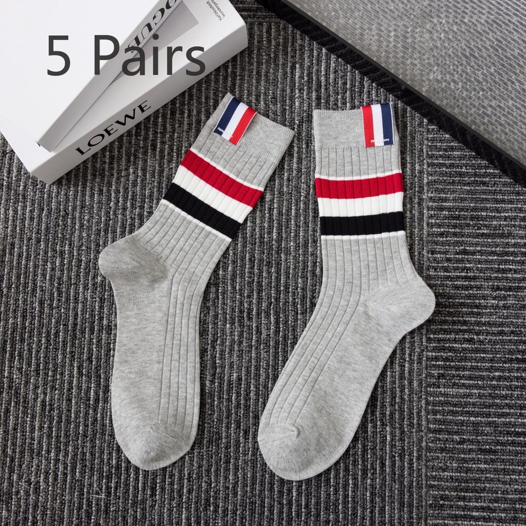 5 Pairs Tide Striped Collision Double Needle Simple Student Mid-calf Socks Women's Niche College Combed Cotton Sports Calf Socks