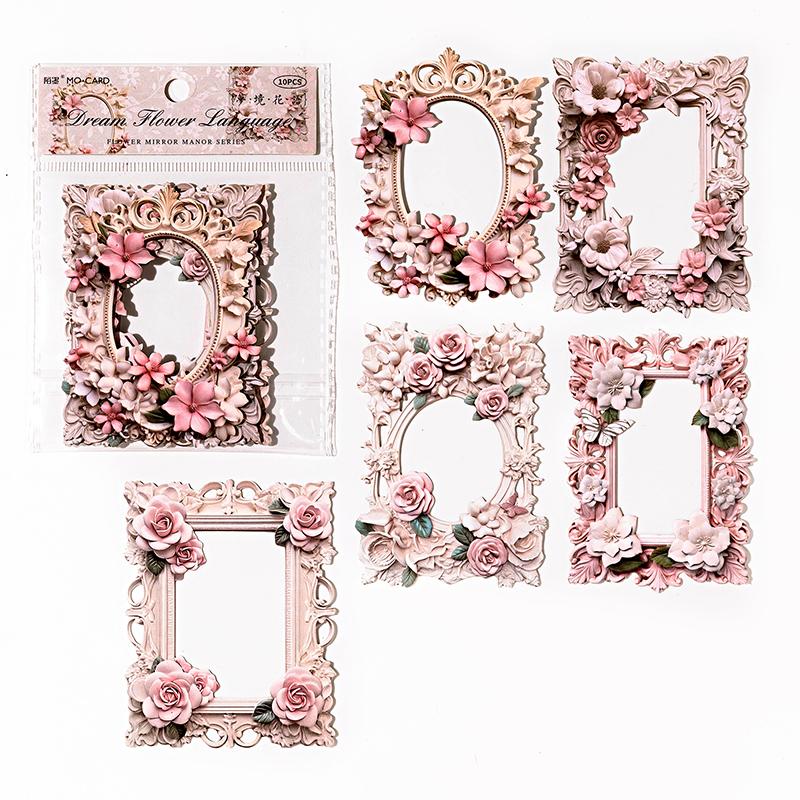 

10 Sheets/bag Stickers Relief Hollowing Rose Flower Retro Border Sticker Card Guka Collage Material DIY Greeting Card Decoration