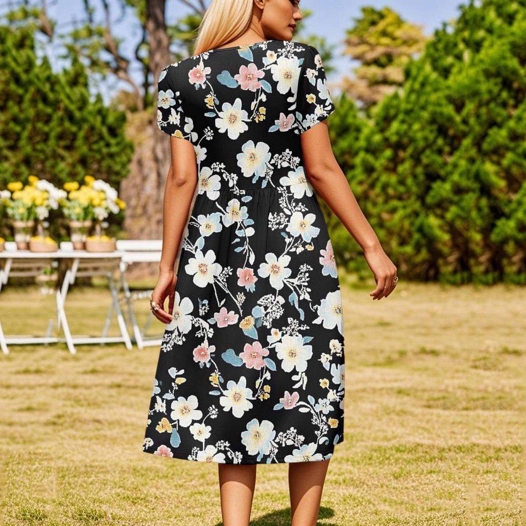 Damenmode Sommer Rundhals Kurzarm Blumendruck Strandkleider