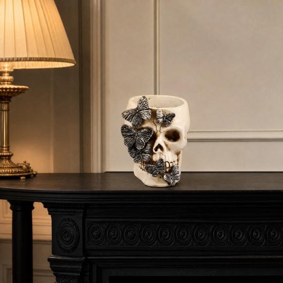Gothic Butterfly Skull Pen Holder, Spooky Resin Skull Makeup Brush Holder, Multifunctional Halloween Tea Light Candle Holder for Desk, Shelf Decor