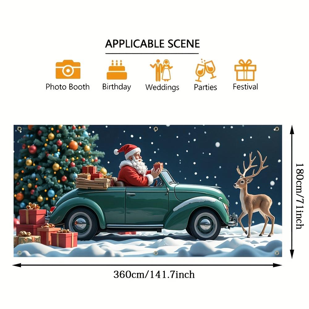 2D Door Curtain Banner 1 Piece Garage Banner - Santa Claus Gives Gifts In Retro Green Car with Deer Background Decoration