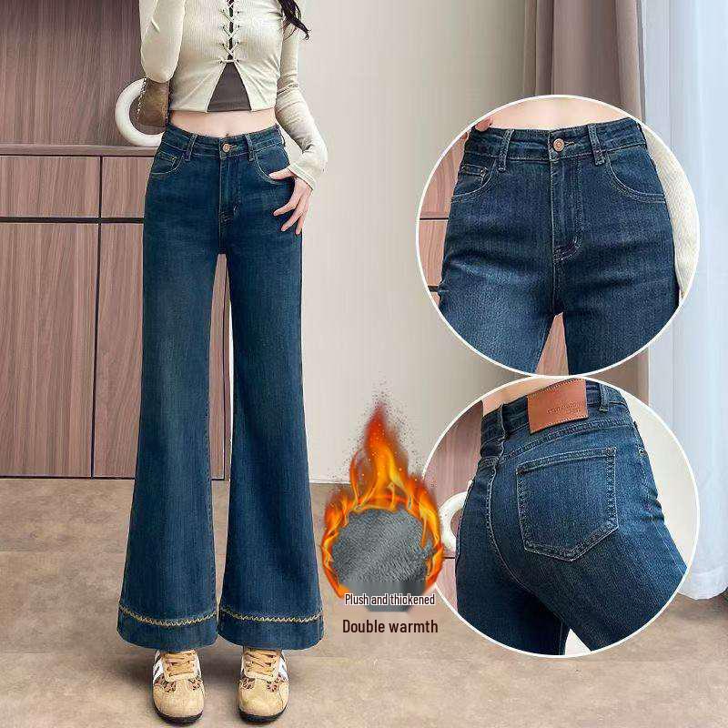 Women s Plus Size Dark Blue High-Waist Micro-Flare Velvet-Lined Winter Jeans 2XL