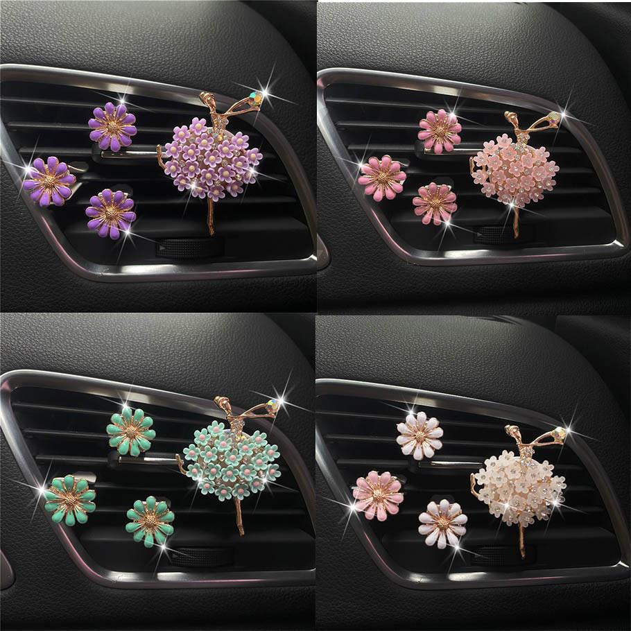 Goddess Style Daisy Flower Rhinestone Ballet Girl Car Air Vent Perfume Clip Interior Ornament White/pink/purple/green
