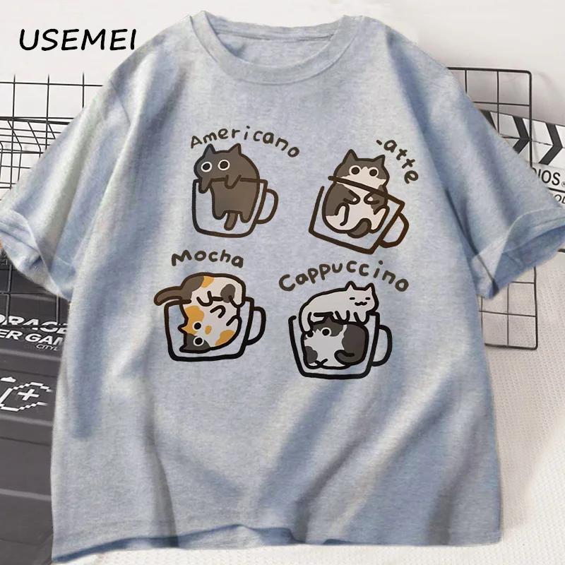 Funny Cute Coffee Cat Tshirt for Women Men Fashion  Loose Short Sleeve T-shirt Mocha Latte Cat Humor Cat Lover T Shirt