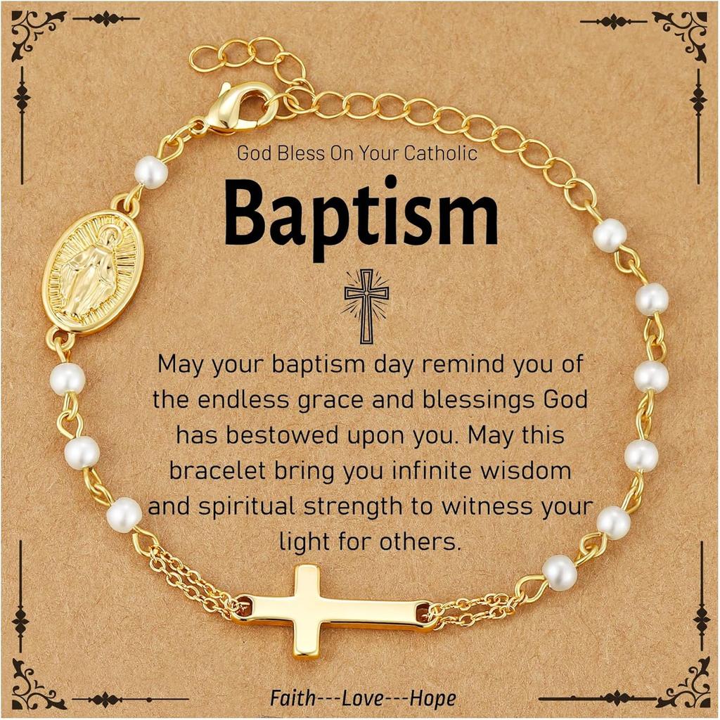Catholic Gifts for Women Girls Pearl Rosary Beads Virgin Mary Cross Bracelet First Communion Baptism Religious Christian Jewelry