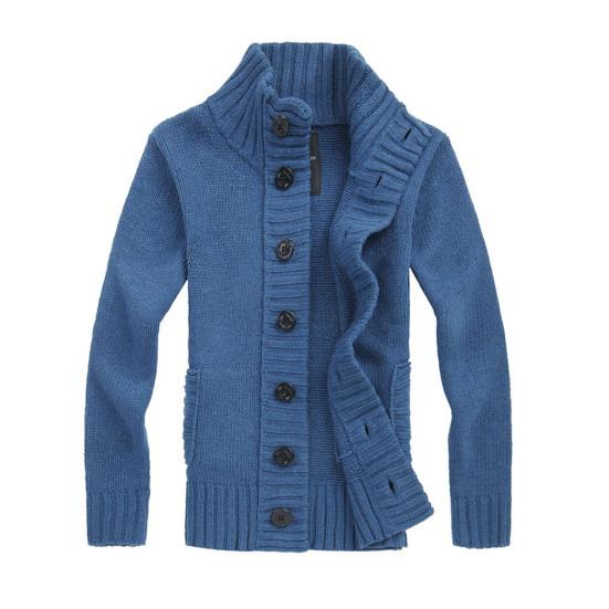 Stand Collar Long Sleeve Men Cardigan Side Pockets Buttons Closure Solid Color Sweater