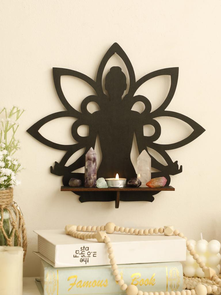 Scaffale da Parete in Legno Buddha Decorazione Casa Boho Supporto Espositore Pietra di Cristallo Loto Decorazioni per la Stanza Estetica per Soggiorno Arte da Parete