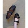 Retro Metal One-word Buckle Shallow Mouth Mary Jane Women's Shoes New with Skirt Flat-soled Small Leather Shoes
