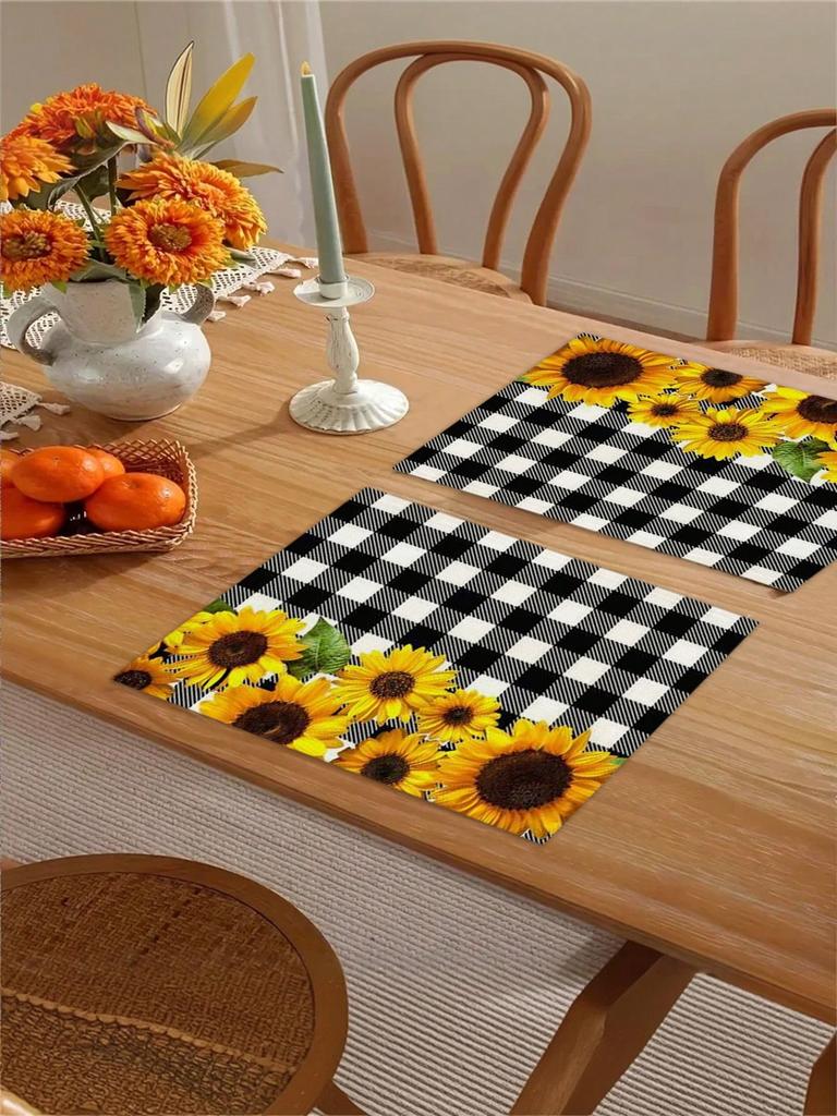 Sunflower Print Placemats Set - 4 Styles, Linen-Like Table Mats for Kitchen & Dining