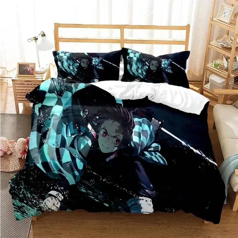 3D Anime Demon Slayer Bedding Set Nezuko Tanjirou Printed Bed Set Duvet Cover Pillowcase Linen Sheet Quilt Cover Queen King Size