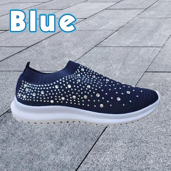 Modische Damen-Schuhe aus leichtem, atmungsaktivem Mesh, elastisch, gestreift, mit Regenbogen-Strasssteinen