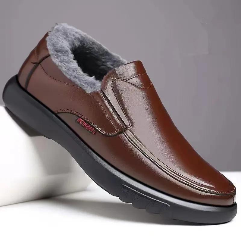 Winter Warm Fur Loafers Men Leather Casual Shoes Men Walking Footwear Non-slip Thick Sole Warm Men's Sneakers Leather Moccasins