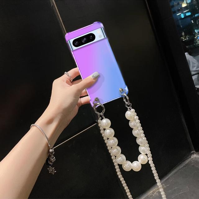 Crossbody Pearl Chain Lanyard Case for Google Pixel 9 Pro XL 9A 8 Pro 8A 7 Pro 7A 6Pro Transparent Gradient Airbag Shockproof Silicone Cover