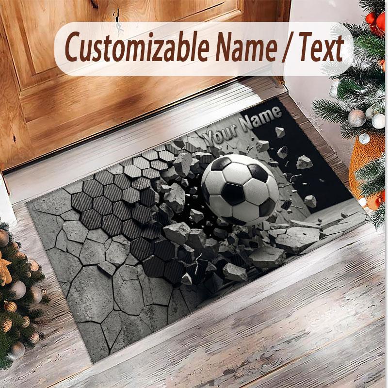Soccer Theme Soft Crystal Velvet Rug Custom Name & Text Print Non Slip Floor Rug for Bedroom Living Room