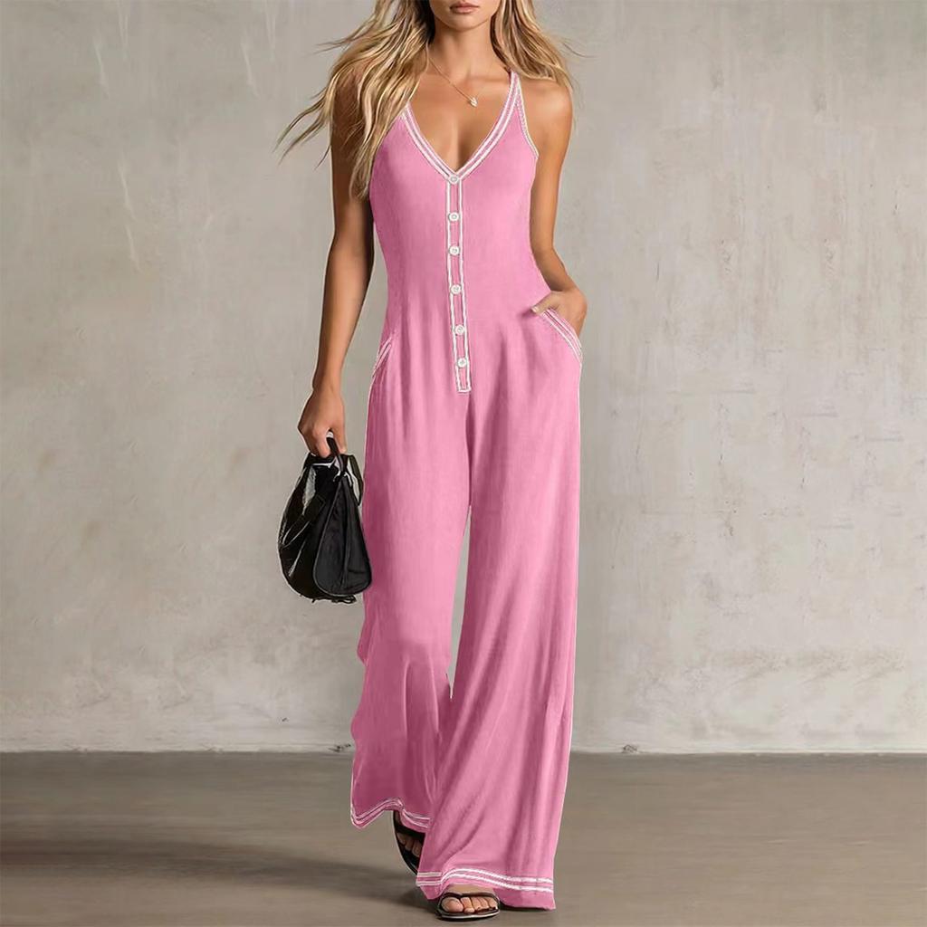 Damen ärmelloser Jumpsuit V-Ausschnitt Knopfleiste Weites Bein Tasche Lässiger Einteiler Romper