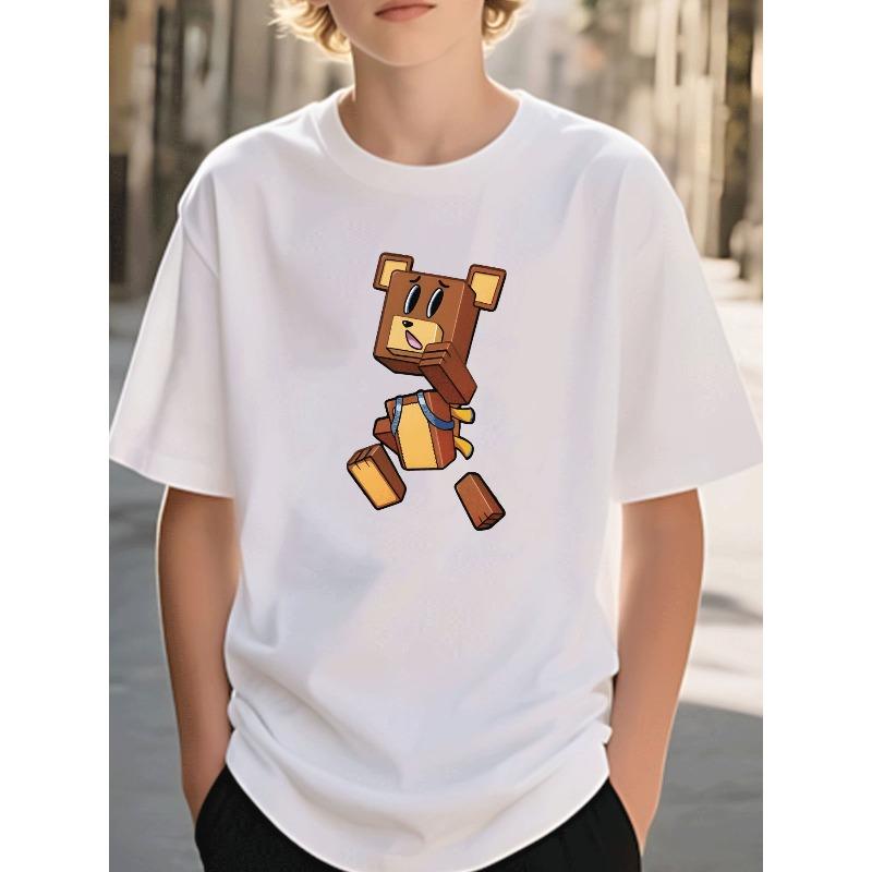 Boys Crewneck Short Sleeve T-Shirt, Cartoon Block Bear Print 110 белый