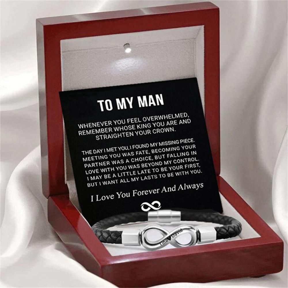 Engraved Stainless Steel Leather Bracelet with Magnetic Clasp – 'To My Man' Gift Set