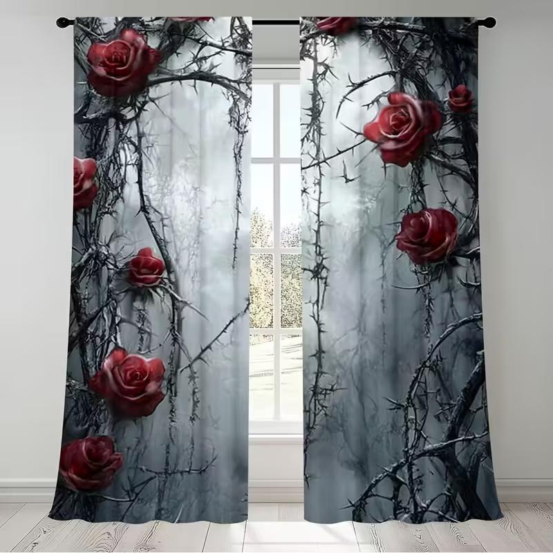 

2 Pcs Thorny rose print curtains,suitable for bedroom,living room kitchen decoration,home decoration,window decoration 14Wx39L(35x100CM)x2&Rod Pocket