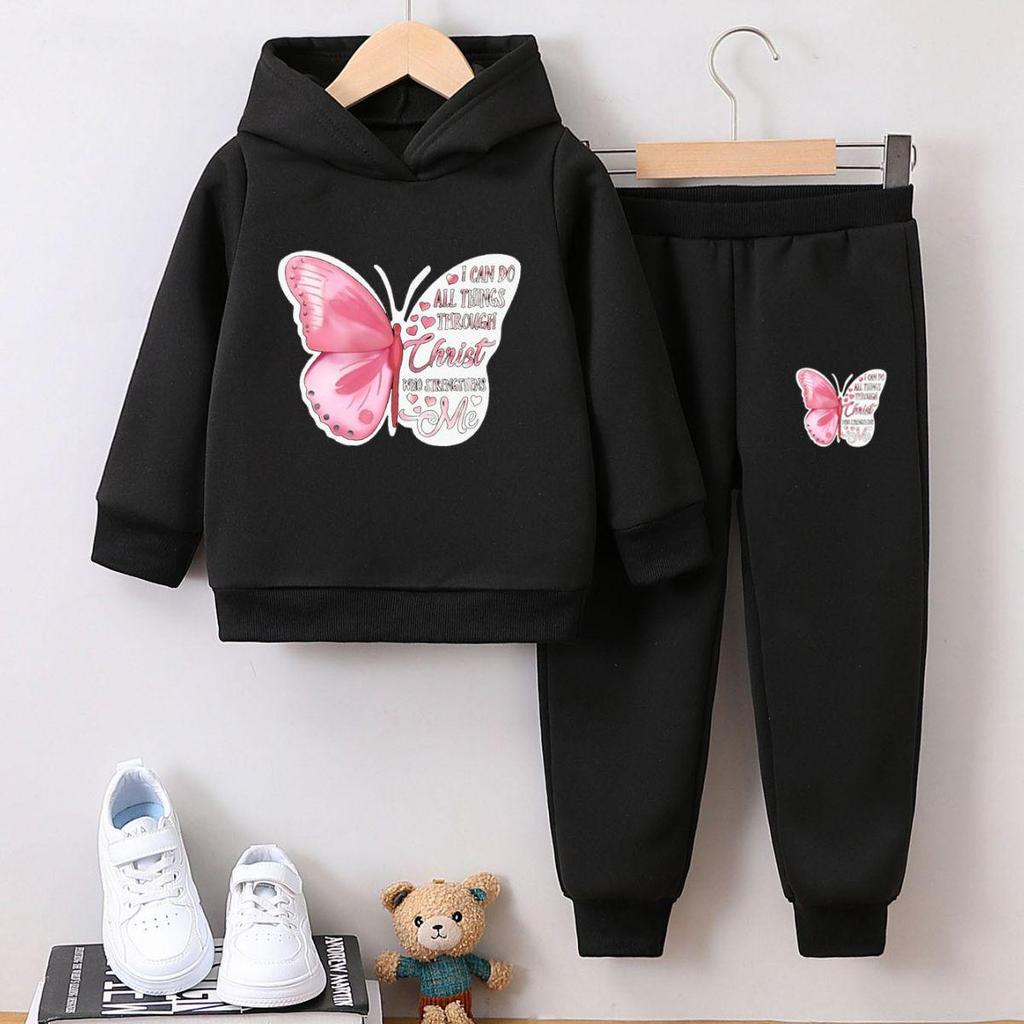 Completo Due Pezzi Felpa con Cappuccio Farfalla per Ragazze: Pullover di Velluto Cartone Animato Carino per Autunno e Inverno