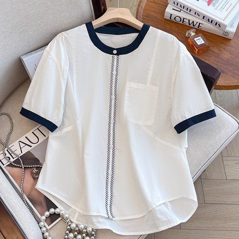 2026 Summer Korean High-End Color Block Loose Plus Size Cotton Short Sleeve Women's Shirt