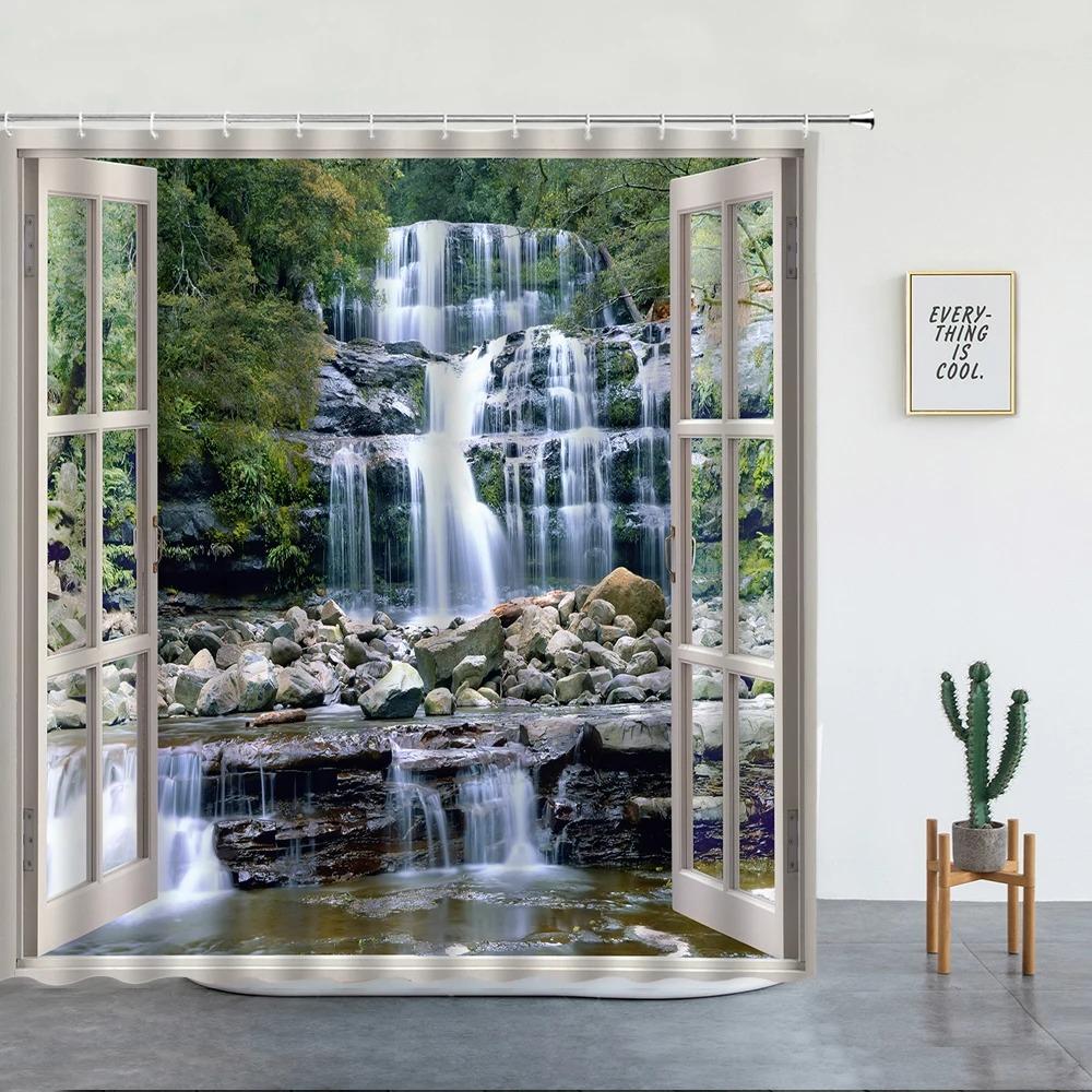 Landscape Waterfall Shower Curtain Tropical Jungle Plant Water Green Waterproof Curtains Nature Scenery Bathroom Decor Set Hooks