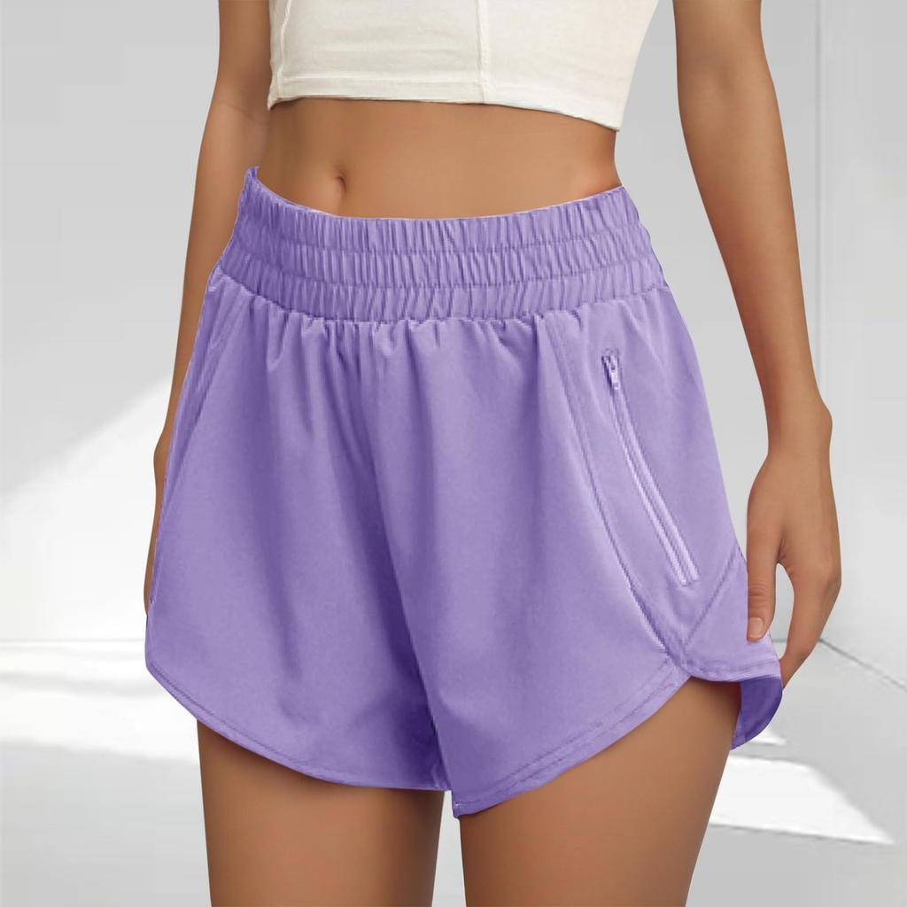 Women's Athletic Shorts High Waisted Running Solid Shorts With Zip Pocket Workout Shorts