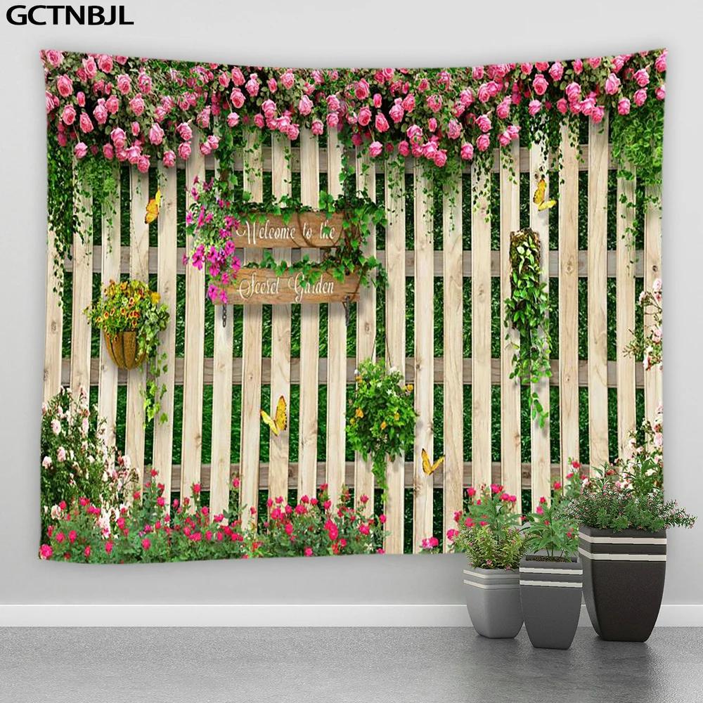 Landscape Tapestry Flowers Plant Retro Style Old Door Rural Scenery Wall Hanging Big Tapestries Bedroom Background Decor Blanket
