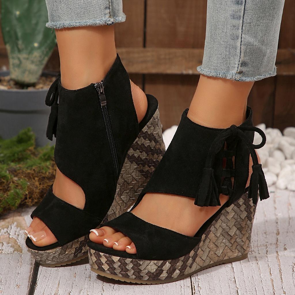 Bohemia Tassel Decoration Side Zip Sandals Women 2025 Summer Chunky Platform Wedge Heel Sandals Sexy Super High Heel Beach Shoes