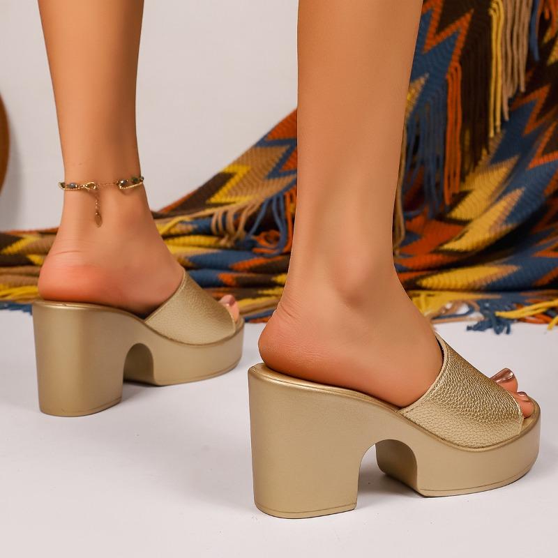 High-heeled Flip-flops Summer New Round Toe Open-toe Platform Non-slip Wear-resistant Block Heel Shoes