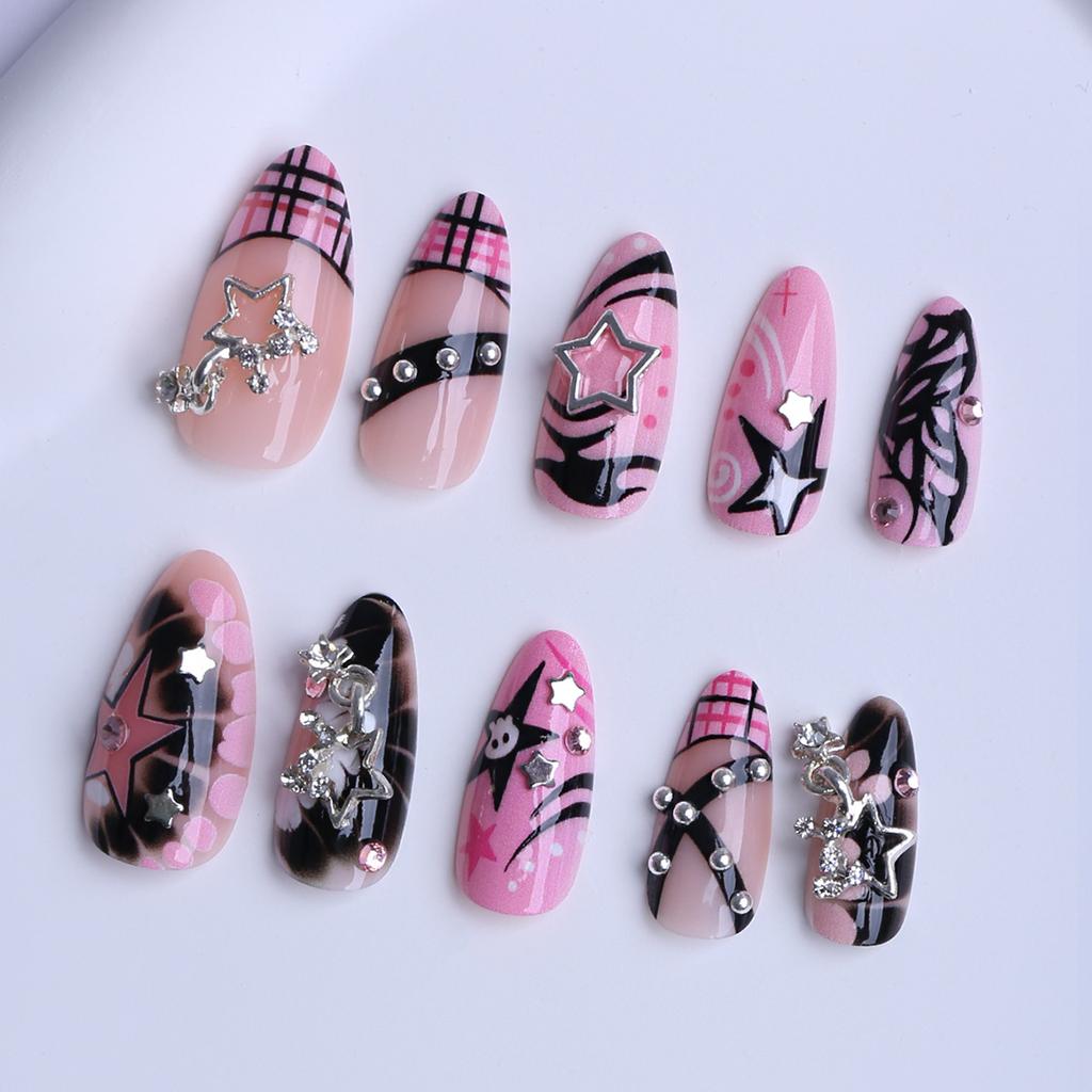 24Pcs Pink Glossy Almond French Press On Nails Y2K Metal Star Charm Sweet Cool Fake Nails