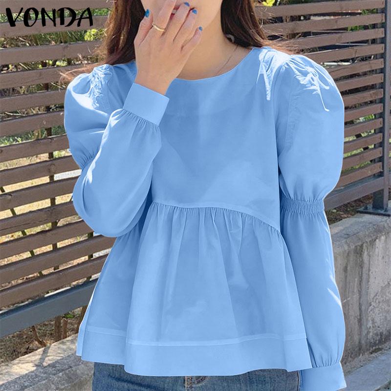 VONDA Damen Lässig Rundhals Puff Langarm Einfarbig Locker Bluse