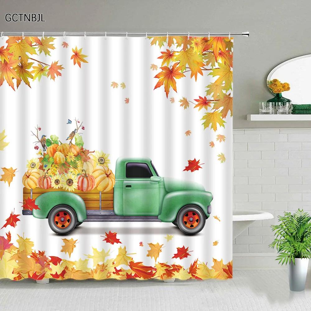 Fall Shower Curtain Maple Truck Pumpkin Sunflower Flowers Autumn Landscape Thanksgiving Decor Bathroom Curtain Fabric Washable