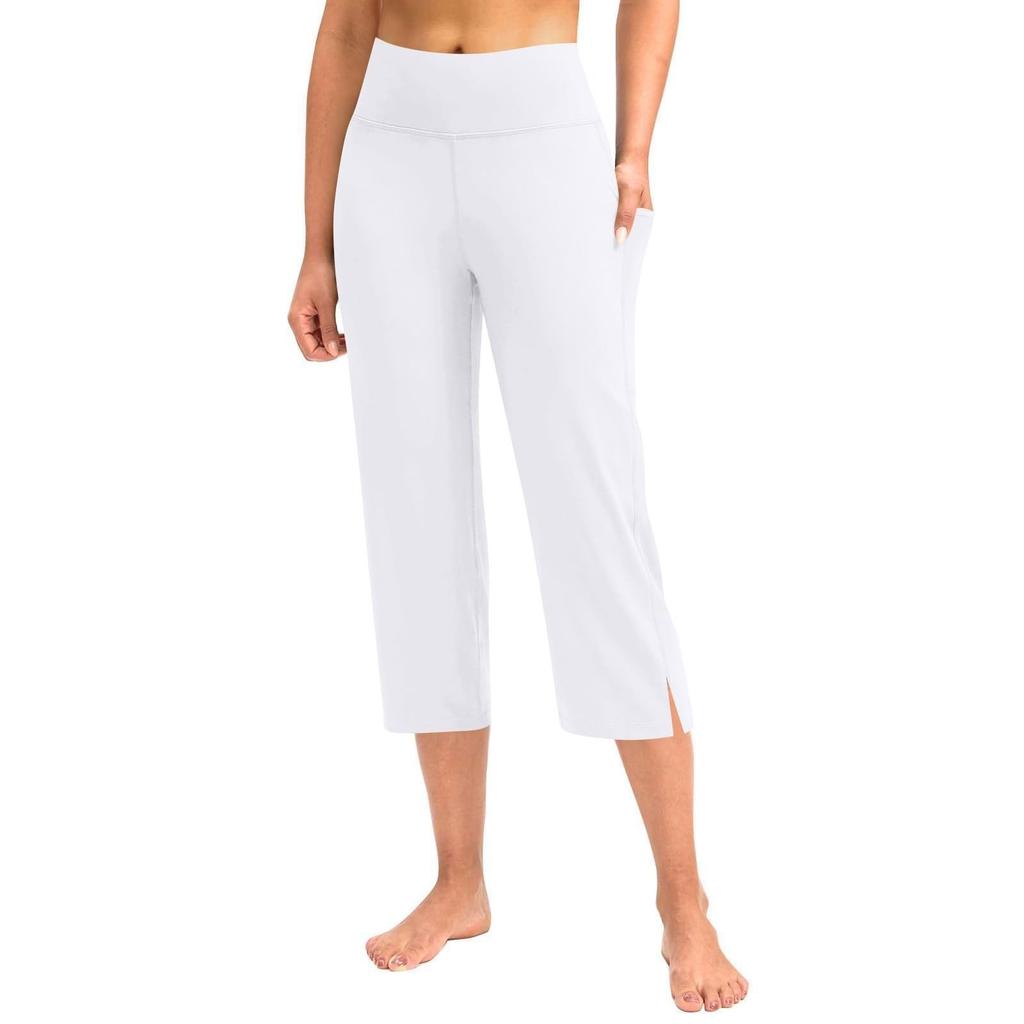 Kvinner Elastisk Høy Midje 3/4 Bukse Casual Aktiv Passform Vide Capri Leggings Bukser Bukser Med Lommer