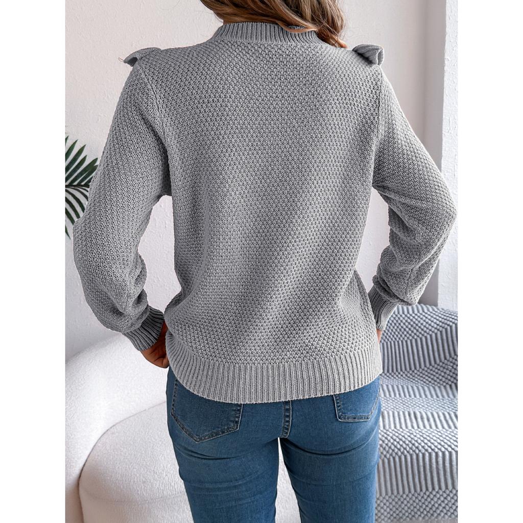 HNXC Elegant Solid Color Ruffled Long-sleeved Pullover Sweater for Women's Autumn and Winter