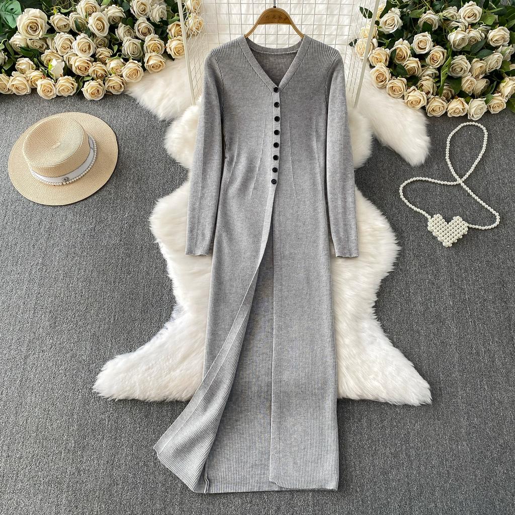 Jesień Wiosna Kobiety Elegancki Sweter Dzianinowy z Dekoltem w Serek Jednorzędowy Długie Sukienki Midi z Rozcięciem