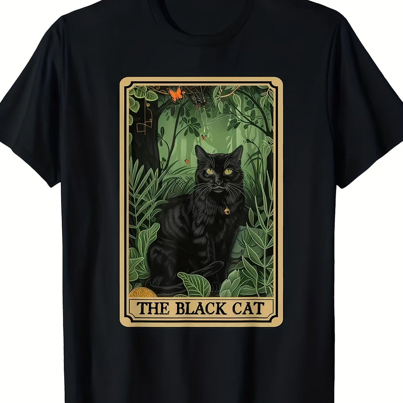 

Black Cat Tarot Card Graphic Tee Mystical Forest Print Soft Round Neck Casual TShirt for Adults 4XL