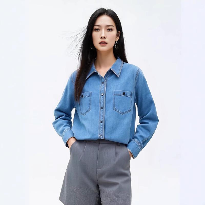 

Women s Blue Retro Denim Shirt with Turn-Down Collar – Spring 2025 Hong Kong Style Casual Layering Top Jacket L светло-синий