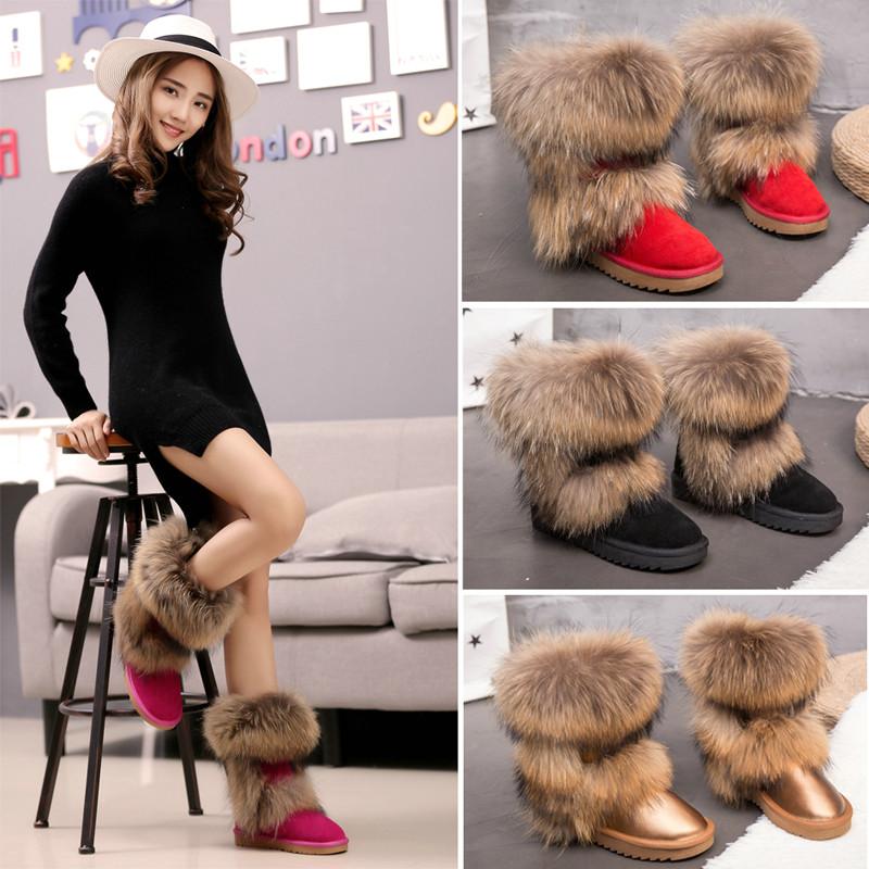 Fashion 2025 All-Match Natural Fox Fur Snow Boots Real Suede Leather Shoes Mid-Calf Knee-High Boots Raccoon Fur Warm Women'S Flat Boots