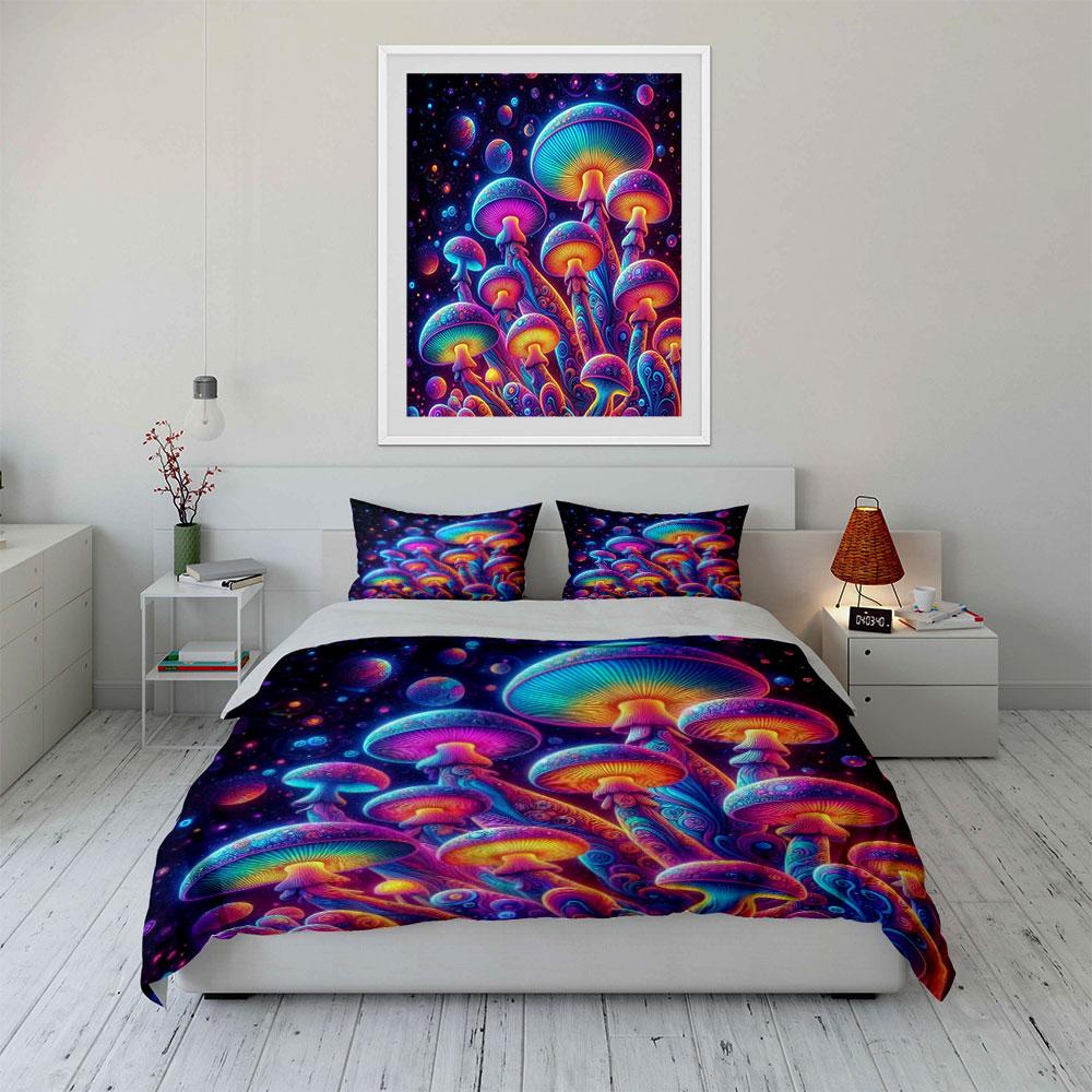 Colorful Glowing Mushroom Print Bedding Duvet Cover Set Duvet Cover Pillowcases (1 * Duvet Cover 2 * Pillowcases, Without Duvet Insert)