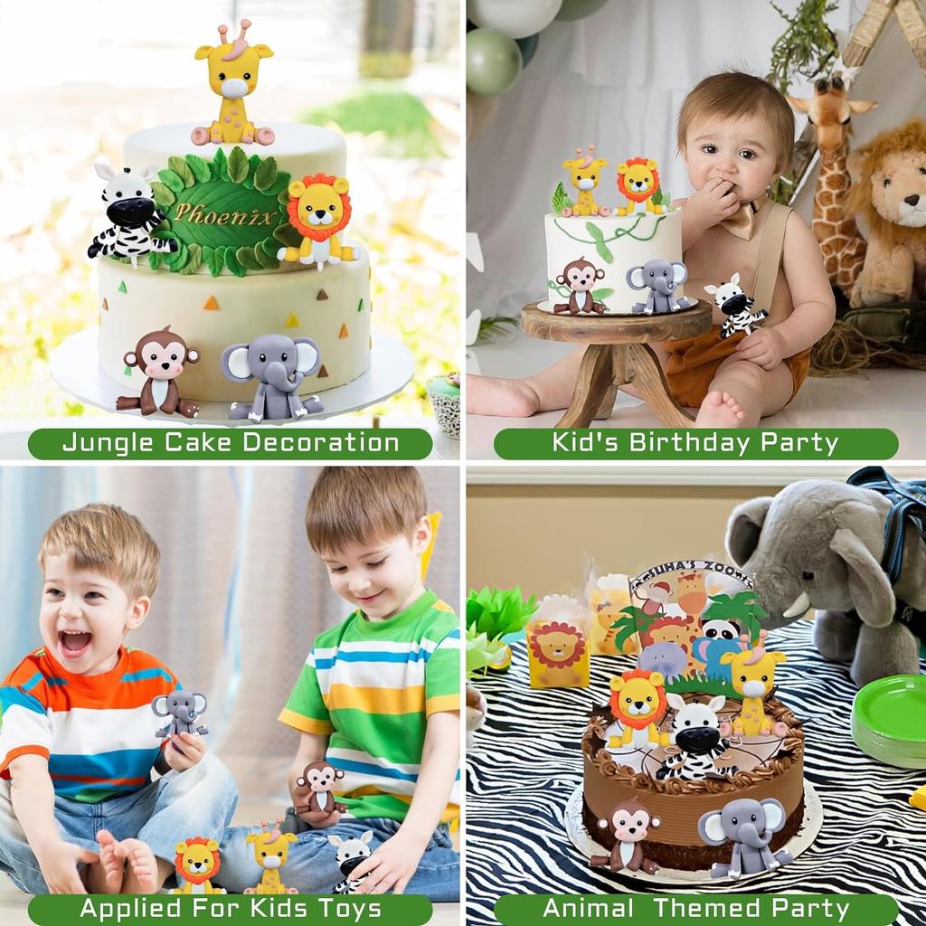 Tortenaufsatz mit Safari-Tieren, Dschungel-Thema, Tortendekoration mit Safari-Tieren: Löwe, Giraffe, Affe, Elefant, Zebra
