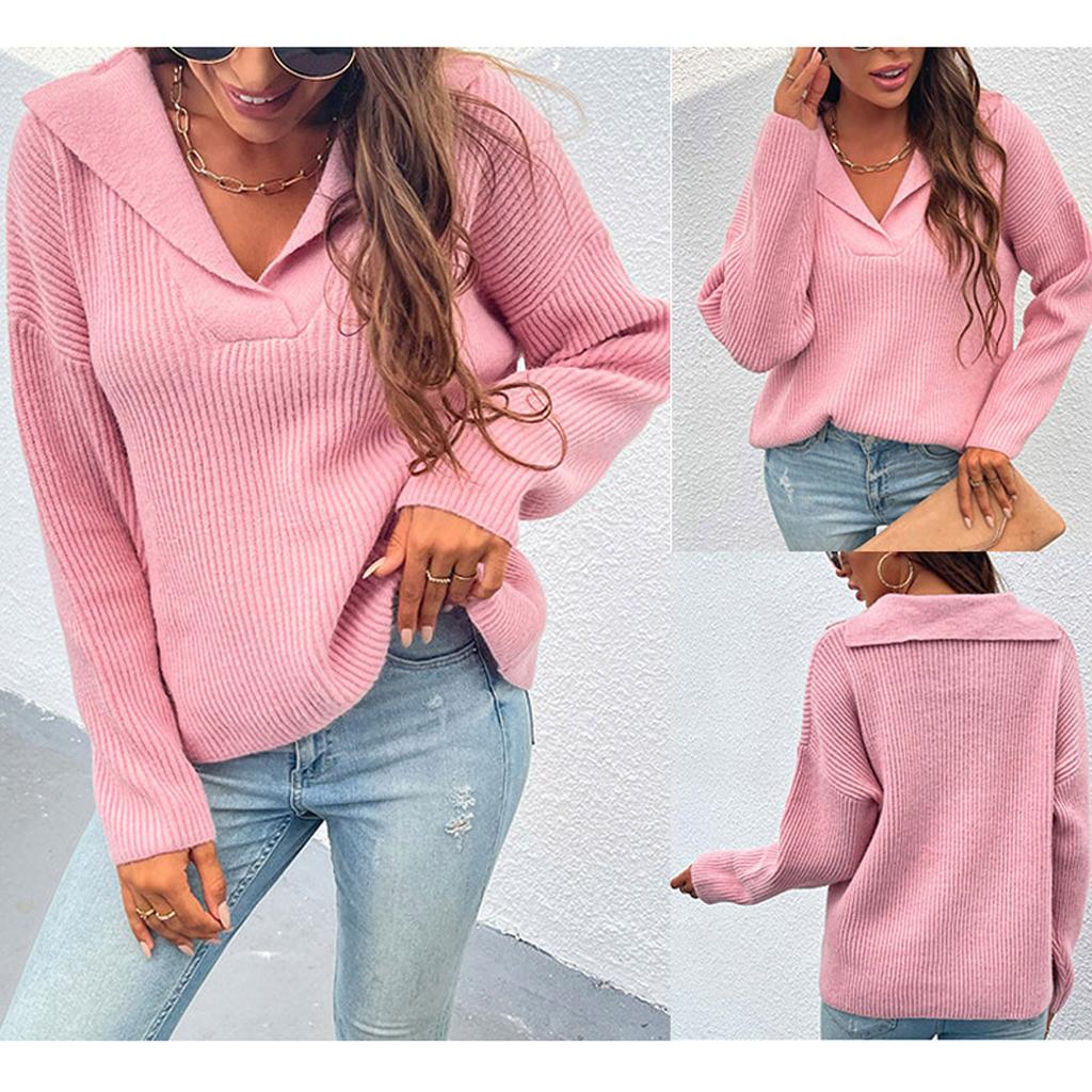Fashion Women's Lapel Solid Color Pullover Blouse Knit Button Sweater